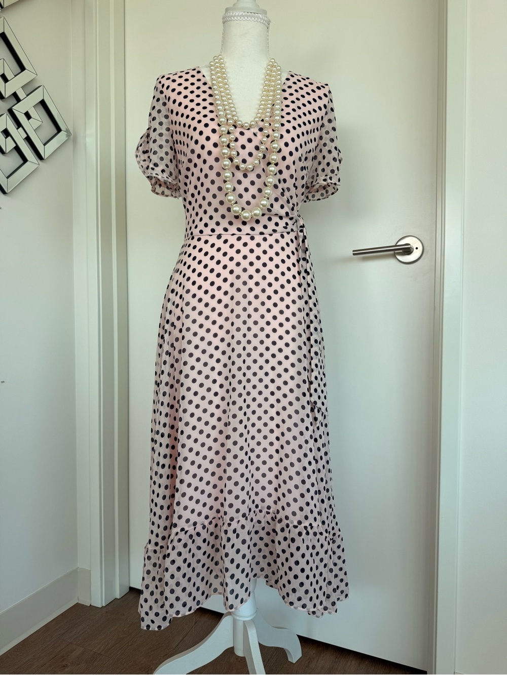 Karl Lagerfeld Pink and Black Polka Dot Midi Wrap Dress